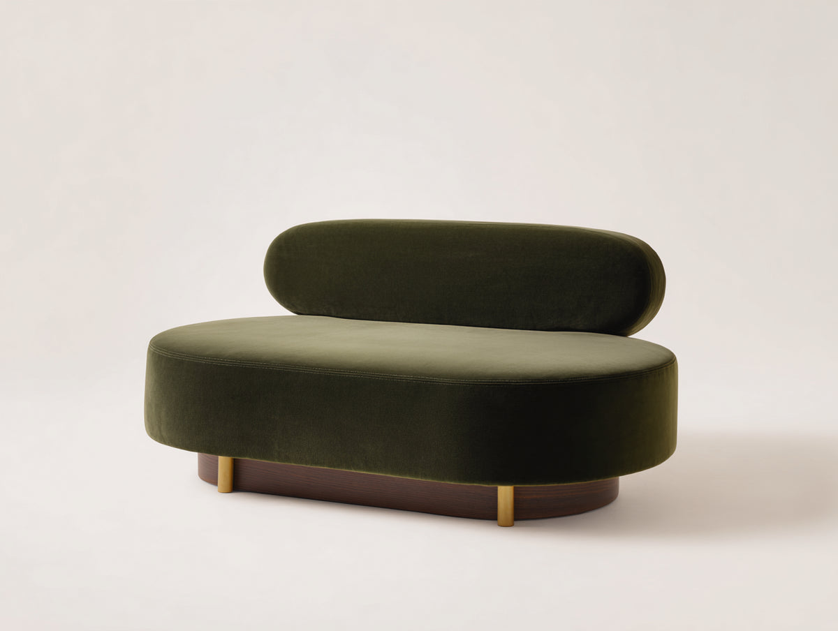 Zweisitzer Sofa aus Samt 150×86×72 cm - Dunkelgrün/Dunkelbraun/Gold - ovale Form mit niedriger Rückenlehne für Wohnzimmer