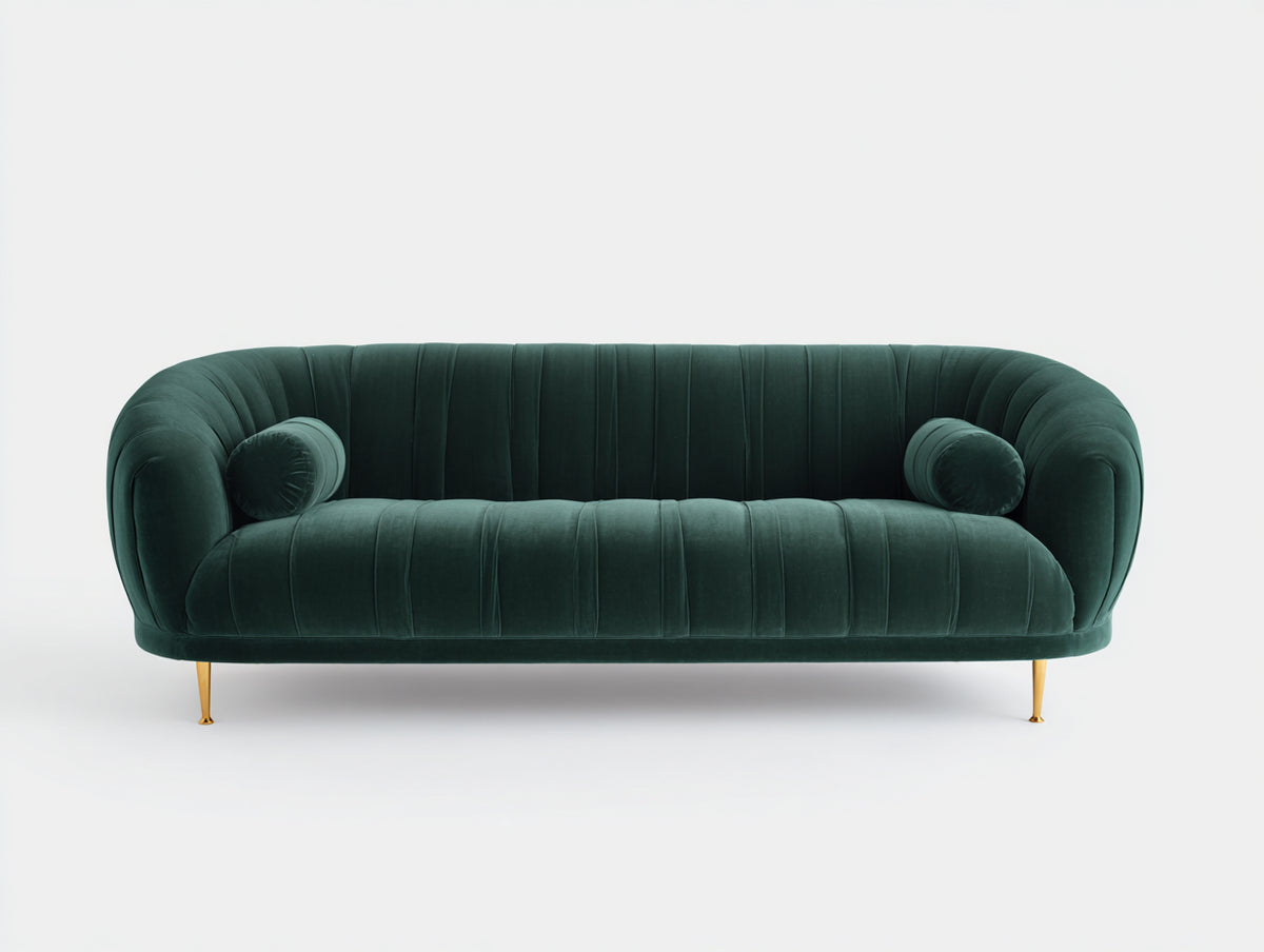 Zweisitzer Sofa aus Samt 205×91×76 cm - Dunkelgrün/Gold - gerundete Form mit vertikaler Steppung für Wohnzimmer