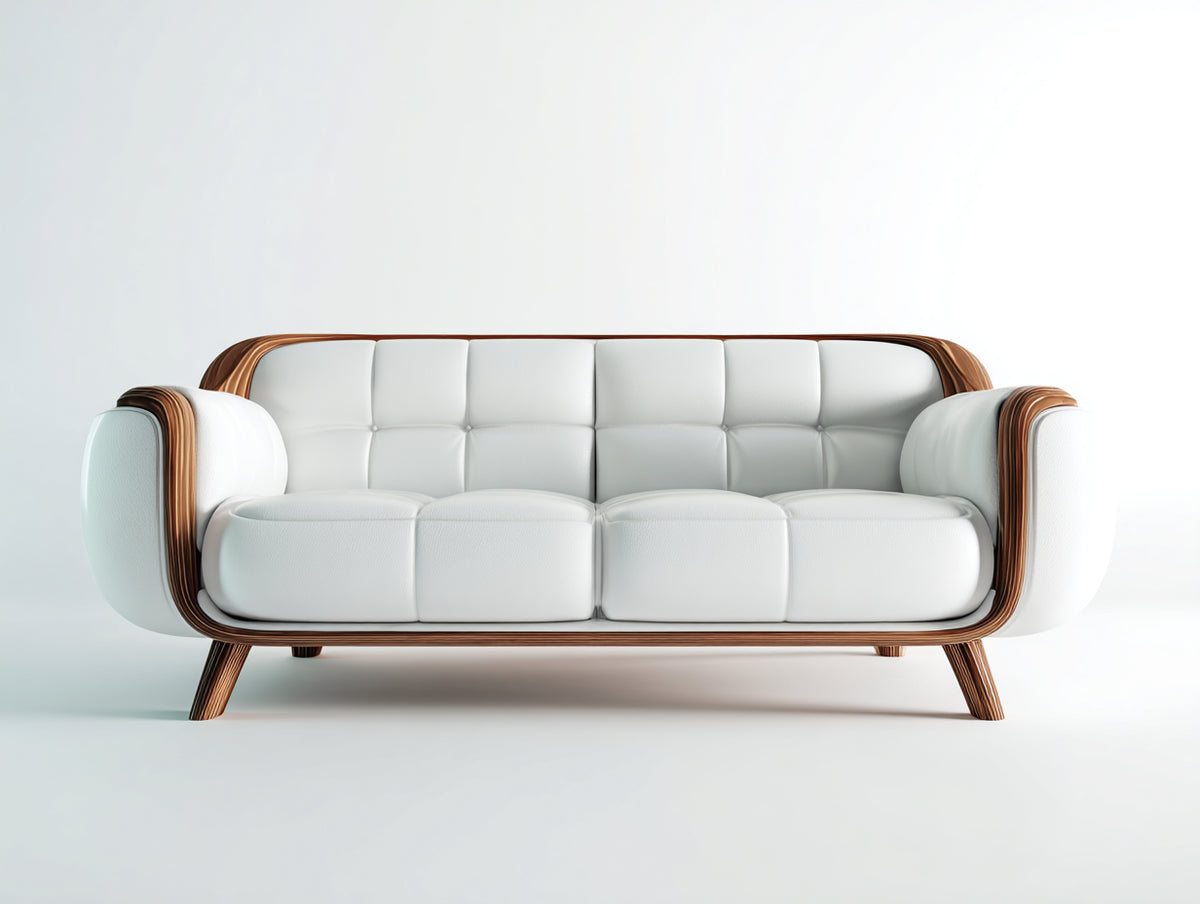 Zweisitzer Sofa aus Holz und Polsterung 202×92×82 cm - Weiß/Holzbraun - gepolsterte Rückenfläche mit umlaufendem Holzrahmen für Wohnzimmer
