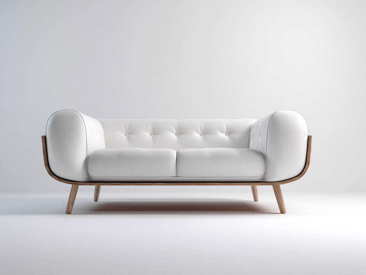 Zweisitzer Sofa aus Holz und Polsterung 188×88×79 cm - Weiß/Holzbraun - geschwungener Holzrahmen mit Knopfheftung für Wohnzimmer