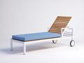 Gartenliege aus Metall Holz und Stoff 205×75×102 cm - Weiß/Hellblau/Holzfarben - Rollen und hohe Rückenlehne für Terrasse