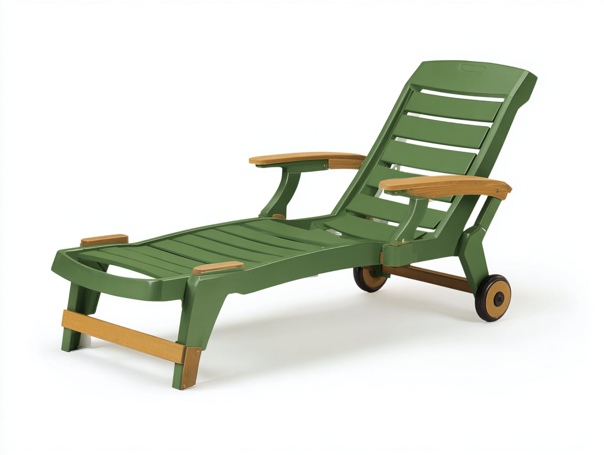 Gartenliege aus Kunststoff 190×72×98 cm - Olivgrün/Holzfarben - mit Armlehnen und Rollen